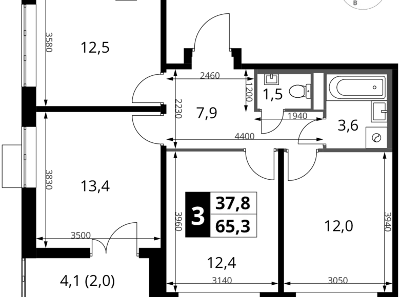 3 room apartment 65 m² Potapovo, Russia