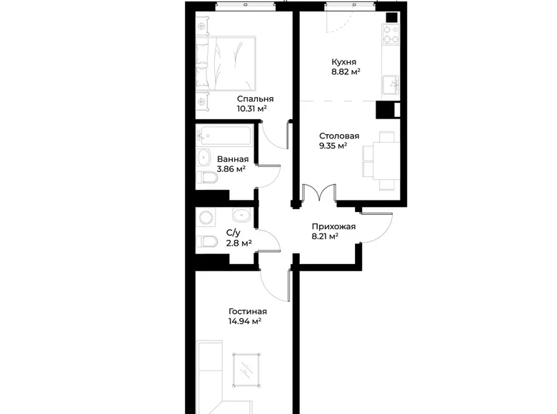 Квартира 2 комнаты 59 м² Ташкент, Узбекистан