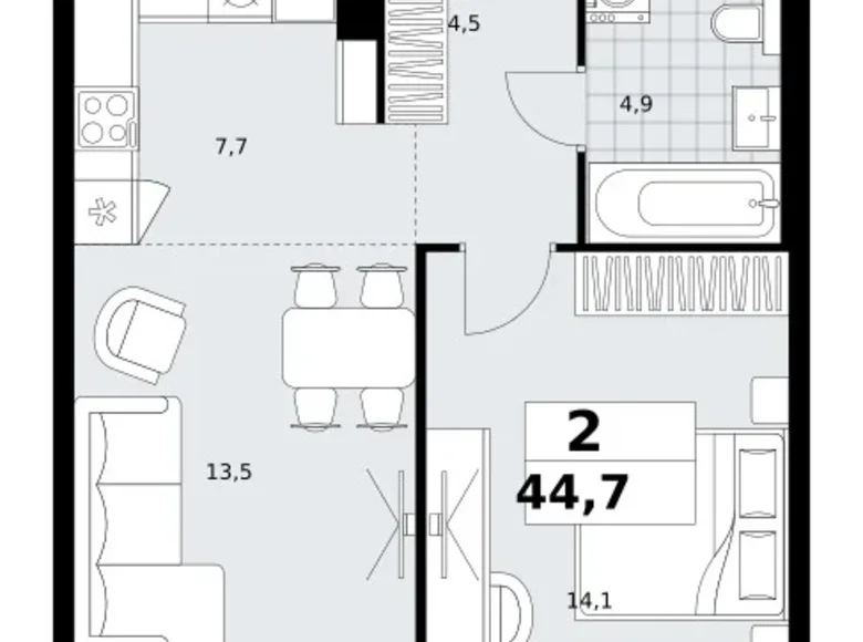 2 room apartment 45 m² Kommunarka, Russia