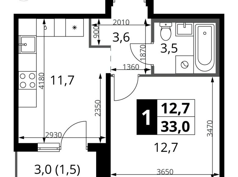 1 room apartment 33 m² Leninsky District, Russia