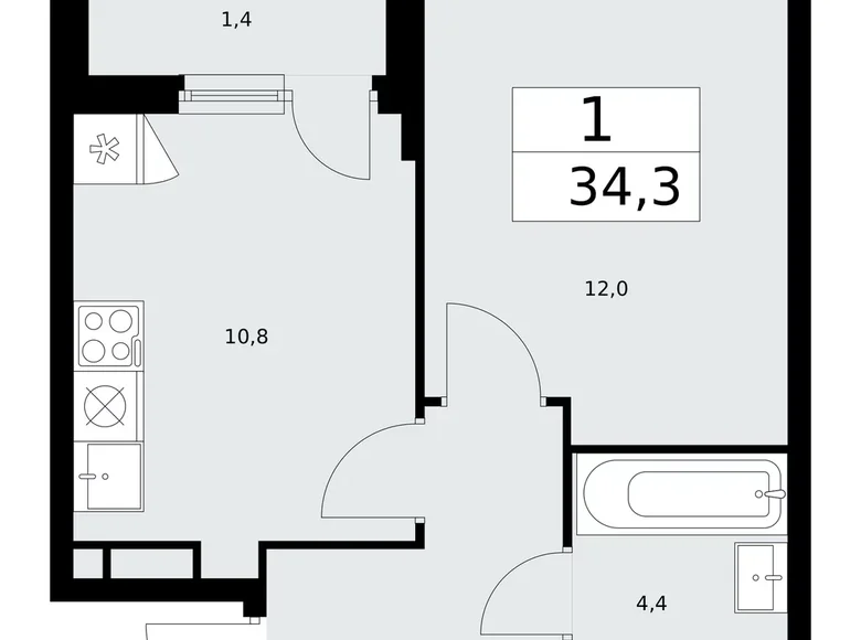 Квартира 1 комната 34 м² поселение Сосенское, Россия