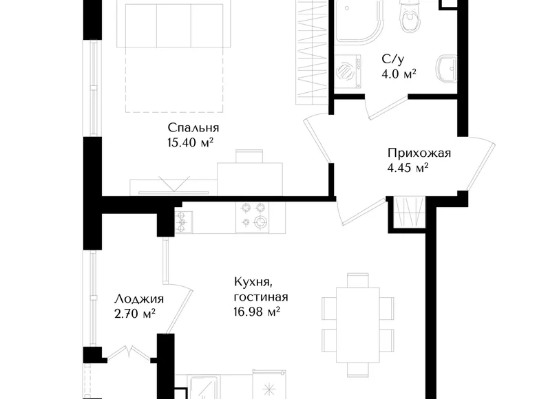 Квартира 1 комната 43 м² Ташкент, Узбекистан