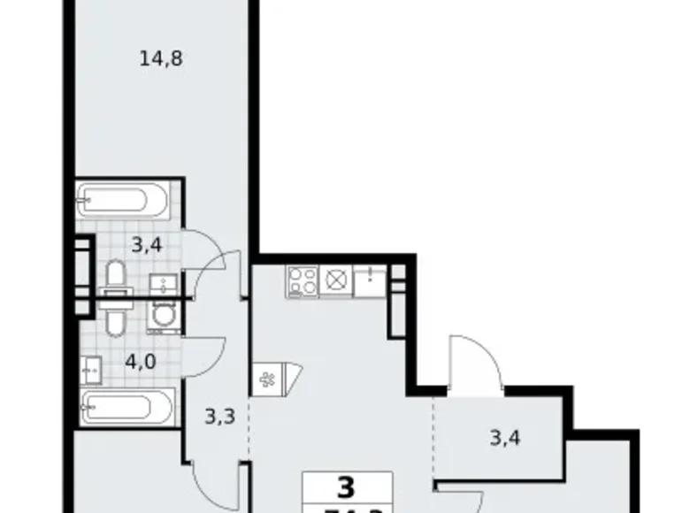 3 room apartment 74 m² poselenie Sosenskoe, Russia