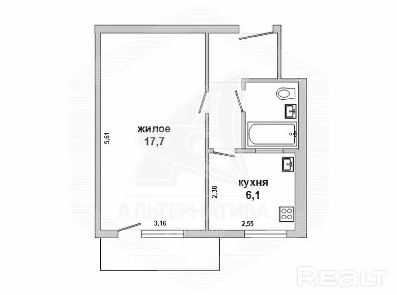 1 room apartment 30 m² Brest, Belarus