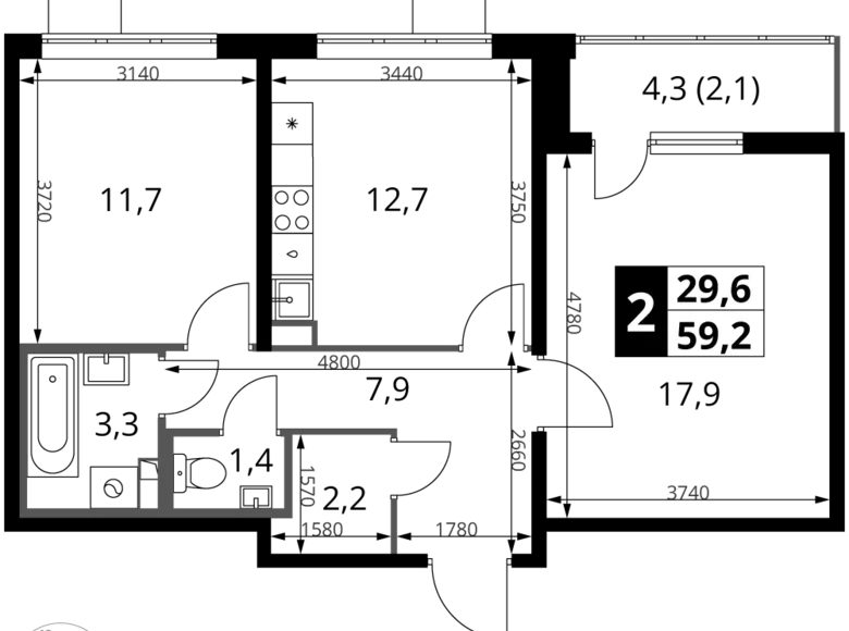 2 room apartment 59 m² Leninsky District, Russia