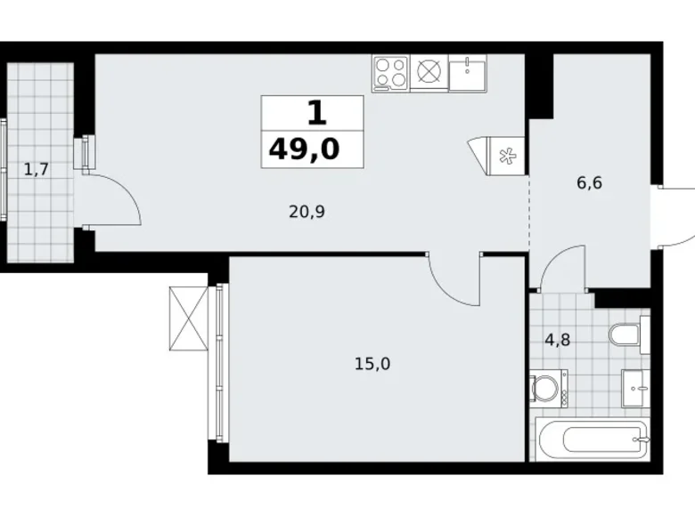 Квартира 1 комната 49 м² район Троицк, Россия