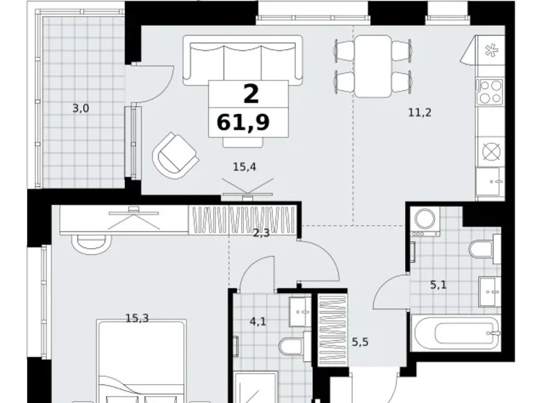 2 room apartment 62 m² Kommunarka, Russia