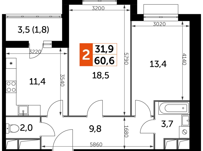 Appartement 2 chambres 61 m² Razvilka, Fédération de Russie