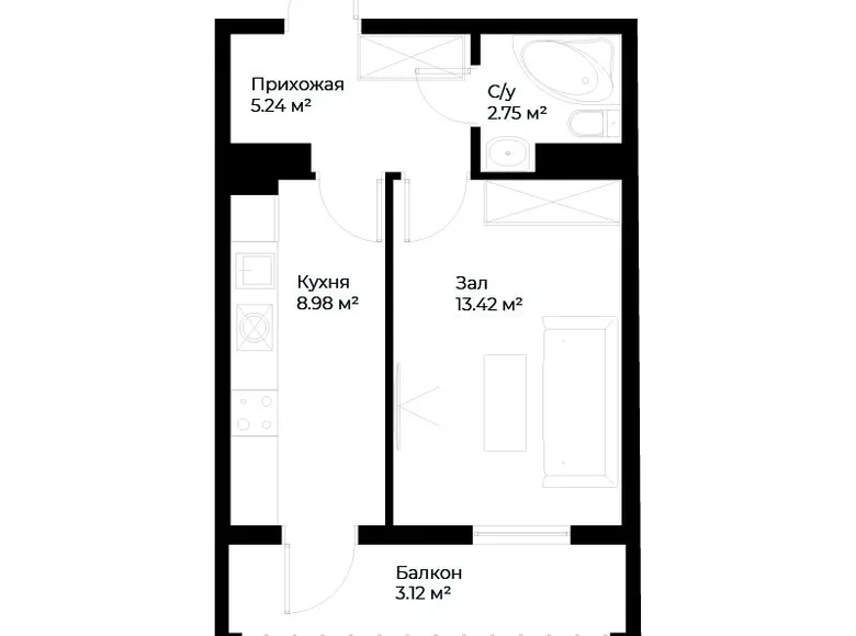 Квартира 1 комната 34 м² Ташкент, Узбекистан