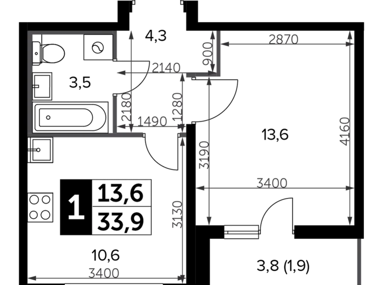 1 room apartment 34 m² Leninsky District, Russia