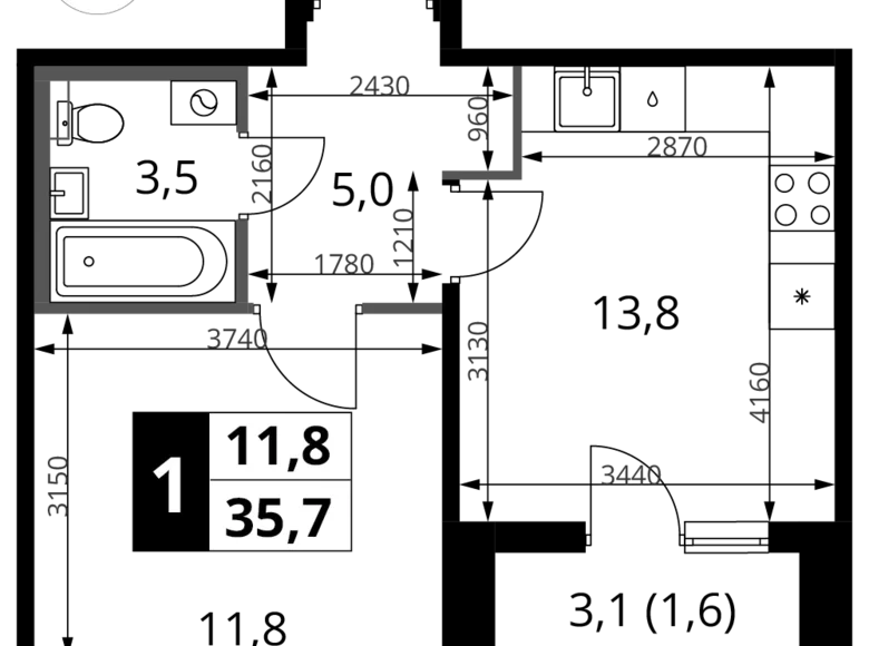 Квартира 1 комната 36 м² Химки, Россия