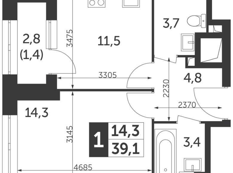 1 room apartment 39 m² North-Eastern Administrative Okrug, Russia