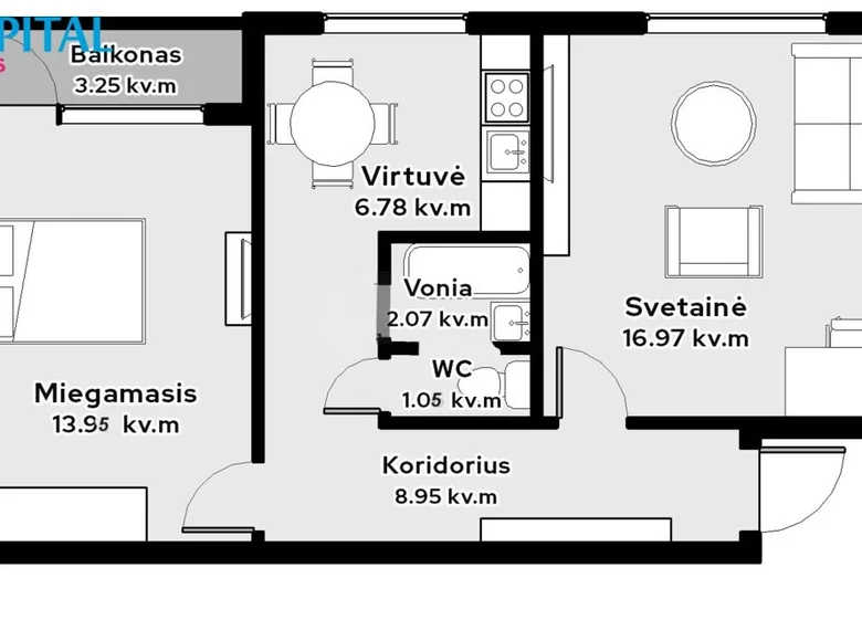 Mieszkanie 2 pokoi 50 m² Kowno, Litwa