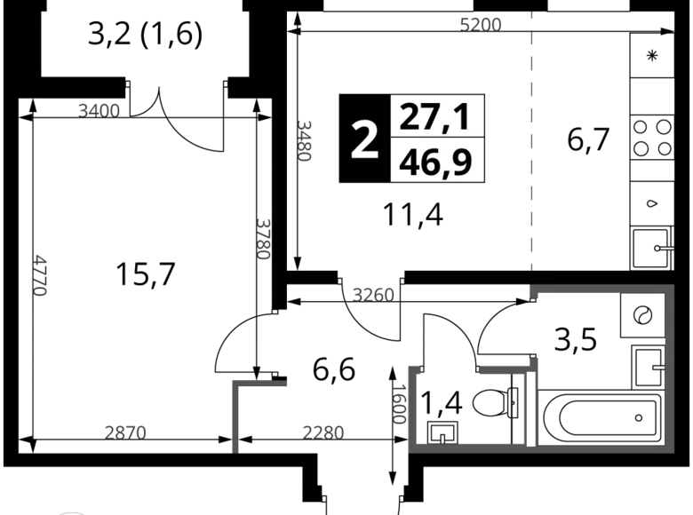 2 room apartment 47 m² Leninsky District, Russia