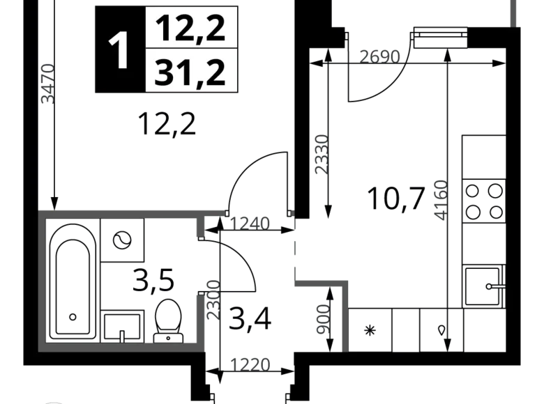 1 room apartment 31 m² Leninsky District, Russia