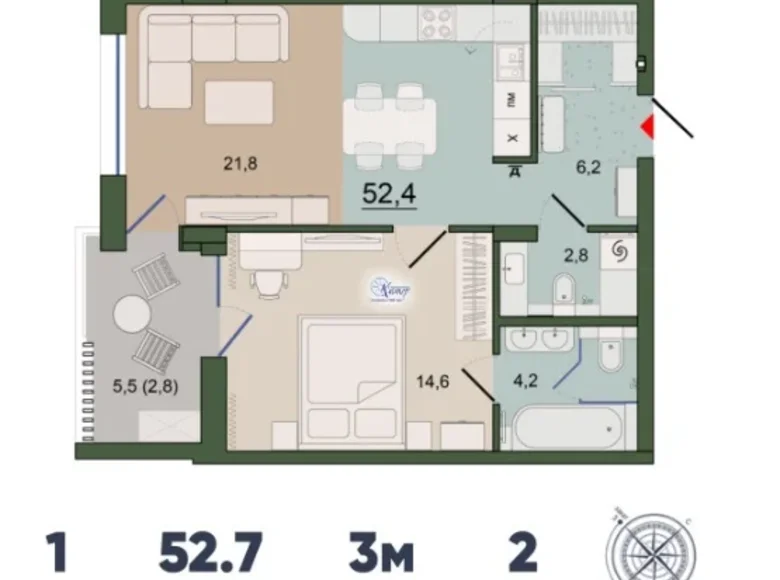 Mieszkanie 1 pokój 53 m² Kaliningrad, Rosja