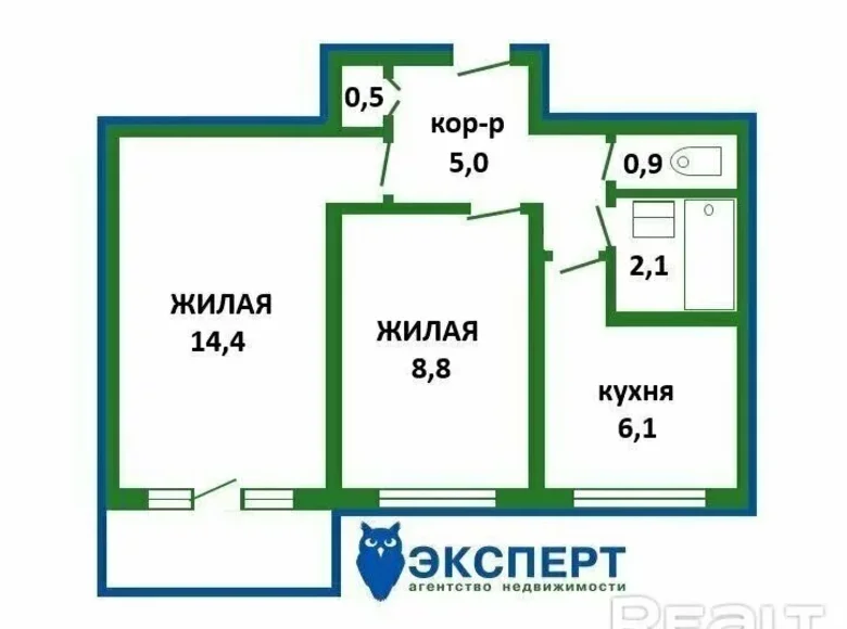 2 room apartment 38 m² Minsk, Belarus