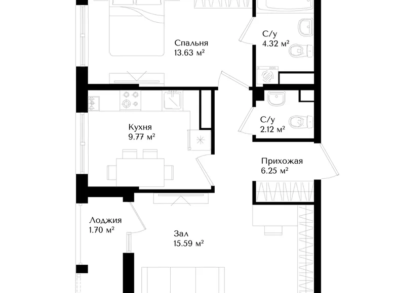 Квартира 2 комнаты 52 м² Ташкент, Узбекистан