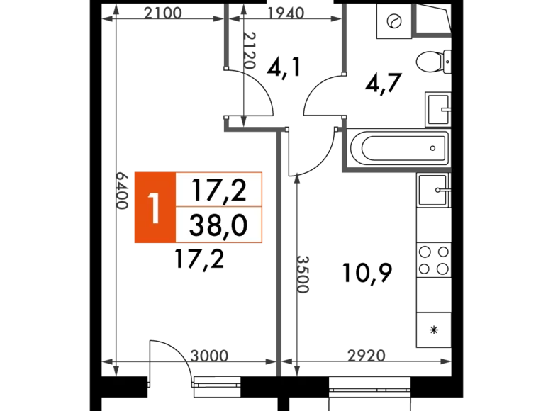 Mieszkanie 1 pokój 38 m² Razvilka, Rosja