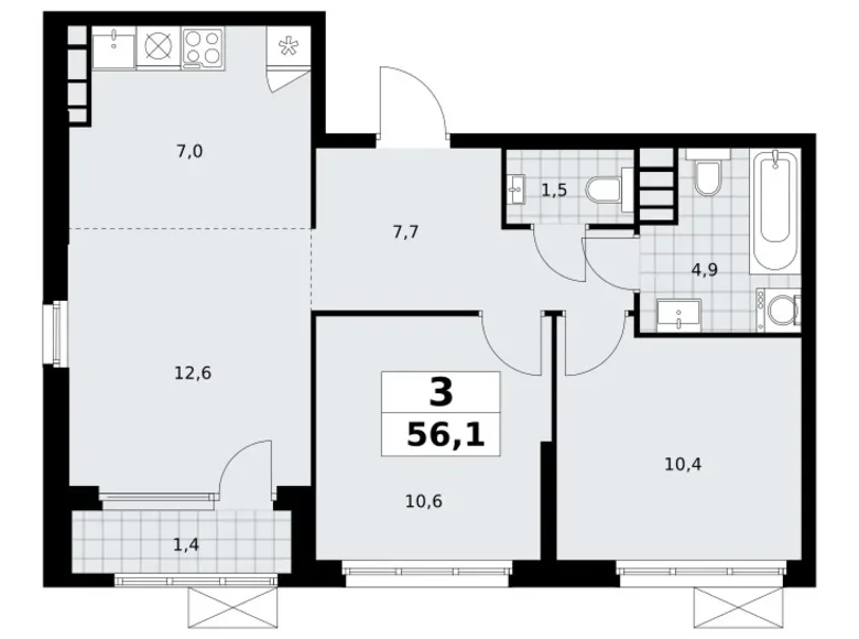 3 room apartment 56 m² South-Western Administrative Okrug, Russia