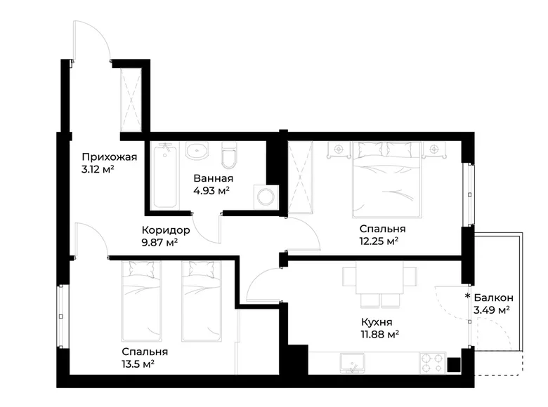 Kvartira 2 xonalar 57 m² Toshkentda