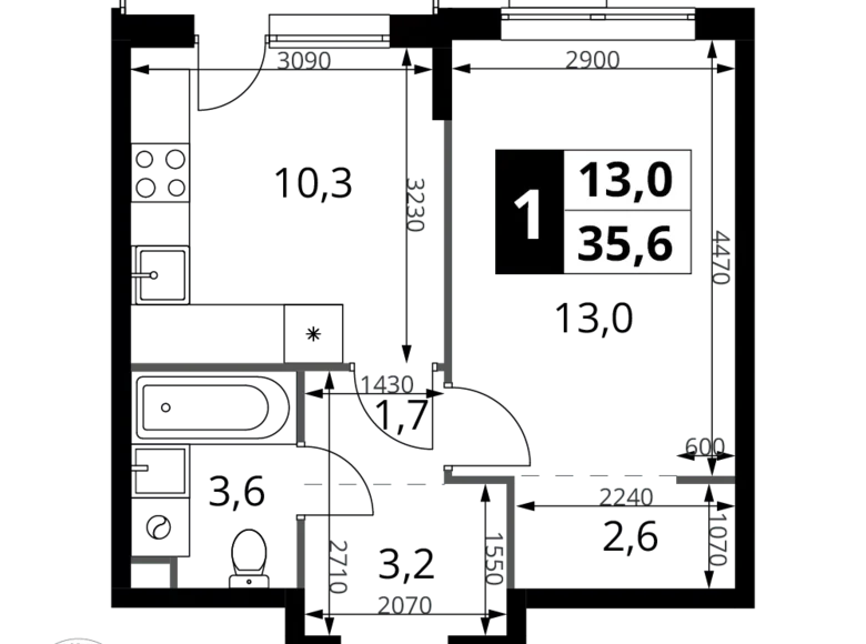 1 room apartment 36 m² Khimki, Russia