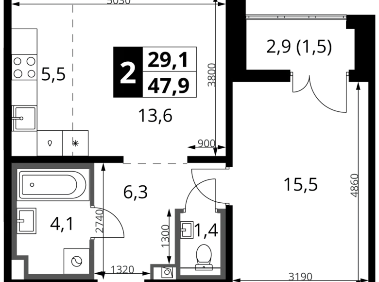 Appartement 2 chambres 48 m² Leninsky District, Fédération de Russie