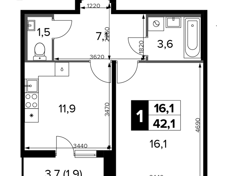 Apartamento 1 habitación 42 m² Jimki, Rusia