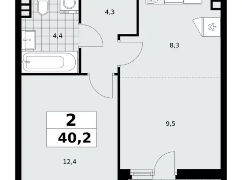 2 room apartment 40 m² Moscow, Russia