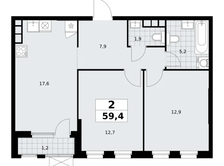 2 room apartment 59 m² South-Western Administrative Okrug, Russia