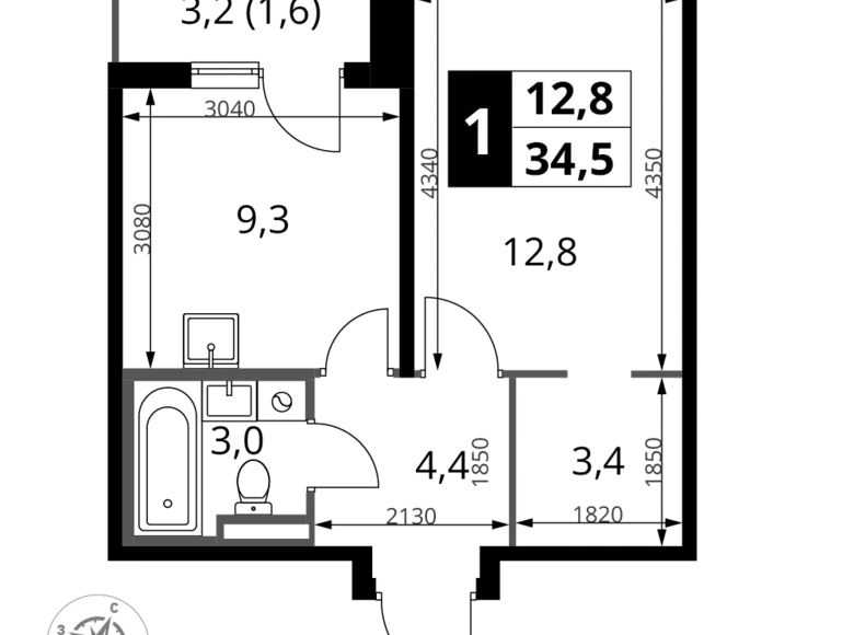 1 room apartment 35 m² Potapovo, Russia