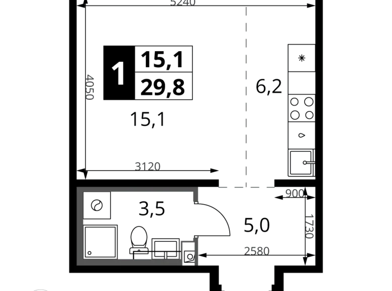 Студия 1 комната 30 м² Ленинский район, Россия