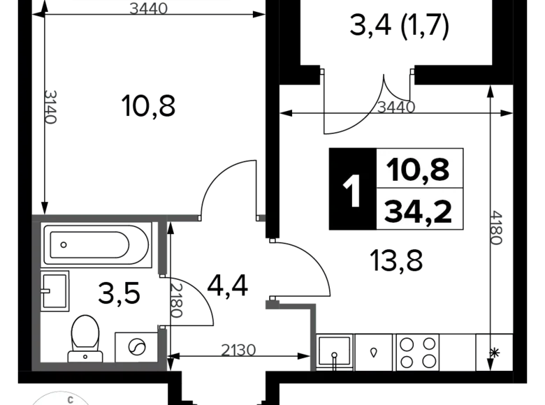 1 room apartment 34 m² Potapovo, Russia