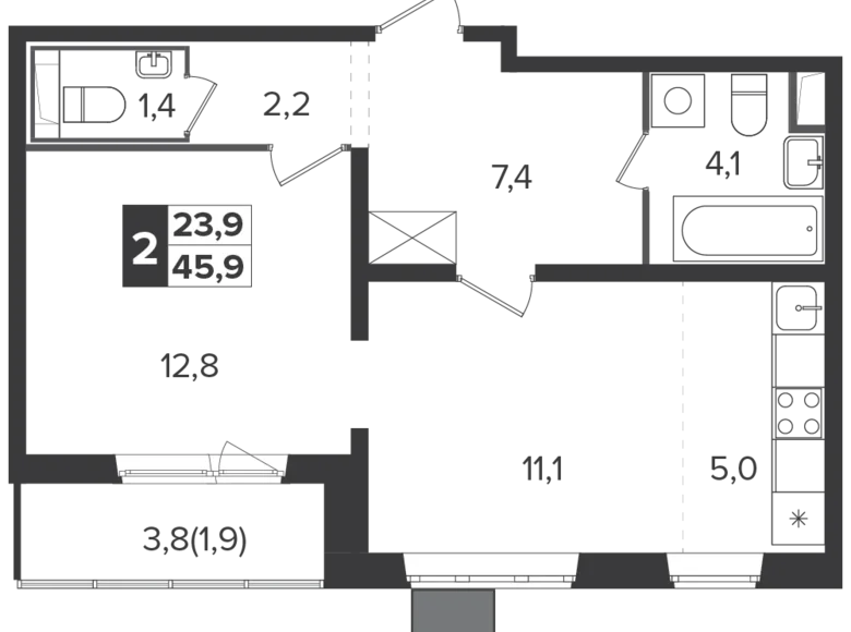 2 room apartment 46 m² Leninsky District, Russia