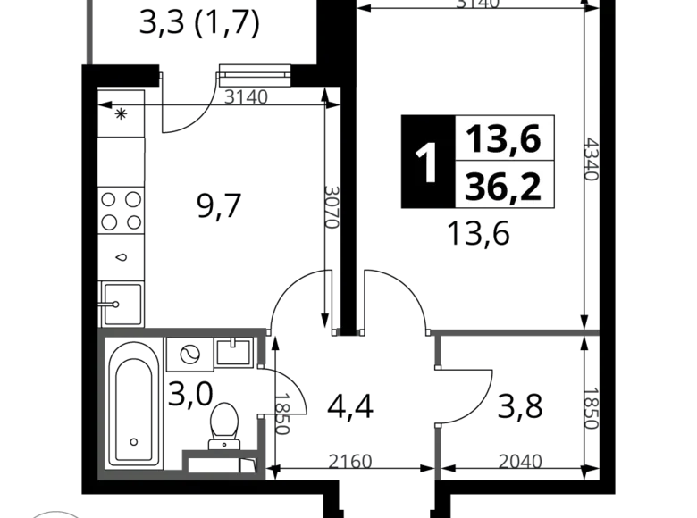 Wohnung 1 Zimmer 36 m² Potapovo, Russland