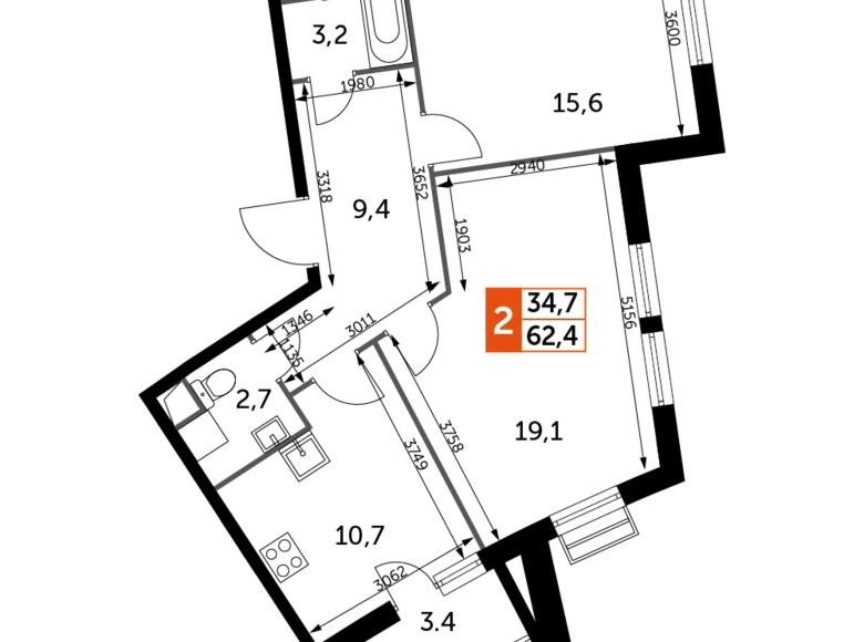 Mieszkanie 2 pokoi 62 m² Razvilka, Rosja