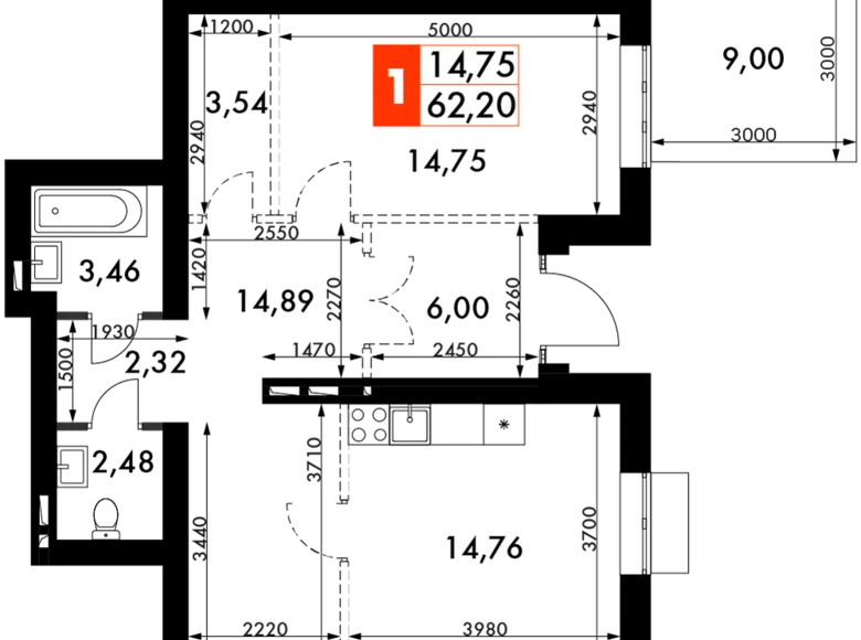 Квартира 1 комната 62 м² Одинцовский городской округ, Россия