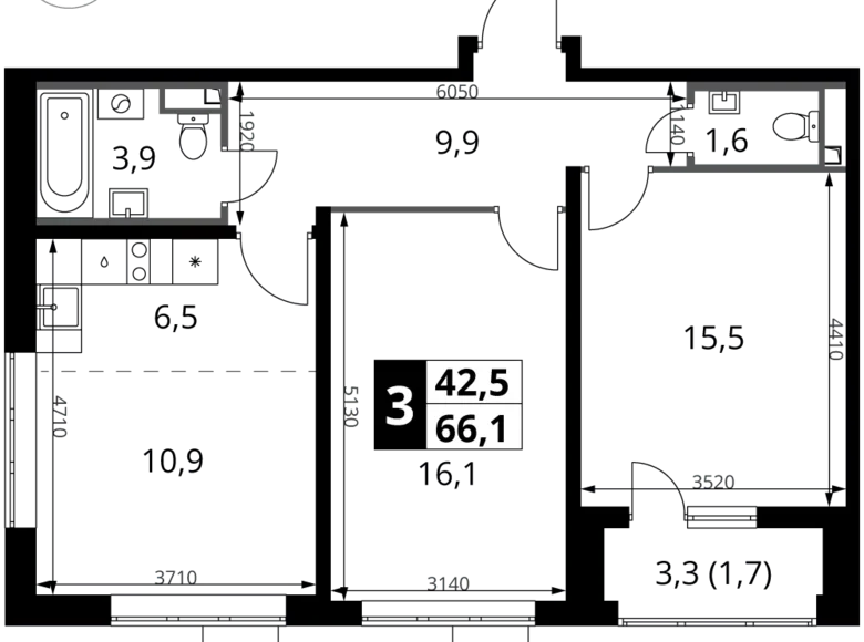 3 room apartment 66 m² Potapovo, Russia