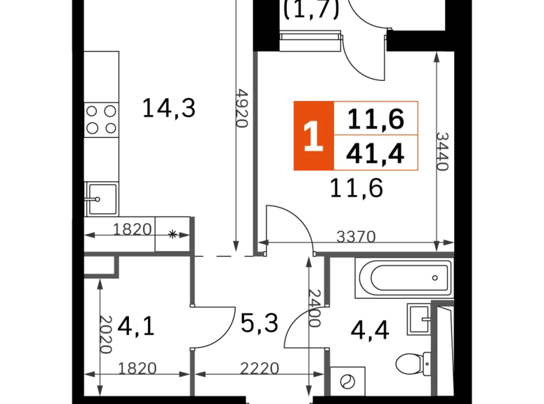 Квартира 1 комната 42 м² Москва, Россия