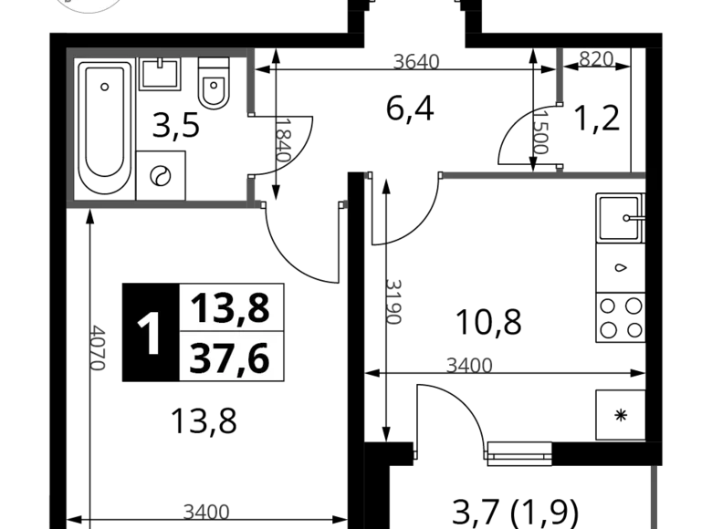 1 room apartment 38 m² South-Western Administrative Okrug, Russia