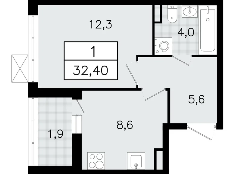 1 room apartment 32 m² Vsevolozhsk, Russia