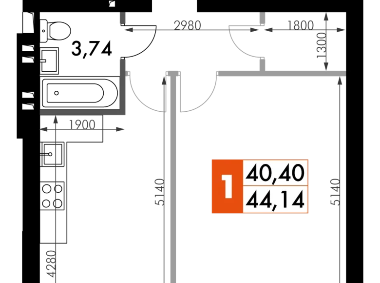 Mieszkanie 1 pokój 44 m² Naro-Fominskiy gorodskoy okrug, Rosja