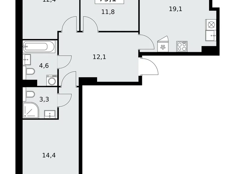 3 room apartment 79 m² poselenie Sosenskoe, Russia