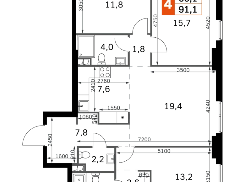 Wohnung 4 zimmer 91 m² Nordwestlicher Verwaltungsbezirk, Russland