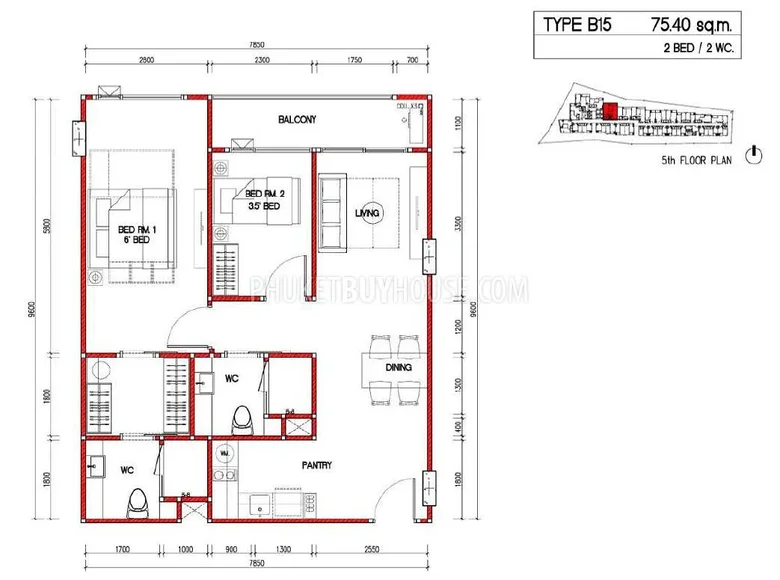 2 bedroom apartment 75 m² Ban Bang Thao, Thailand