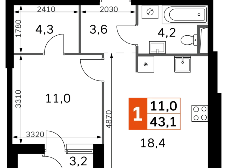 1 room apartment 43 m² Moscow, Russia