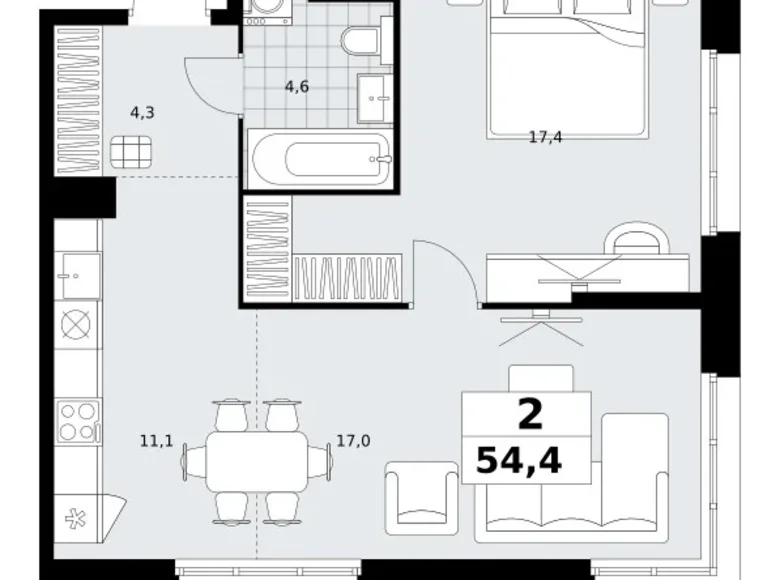2 room apartment 54 m² Kommunarka, Russia