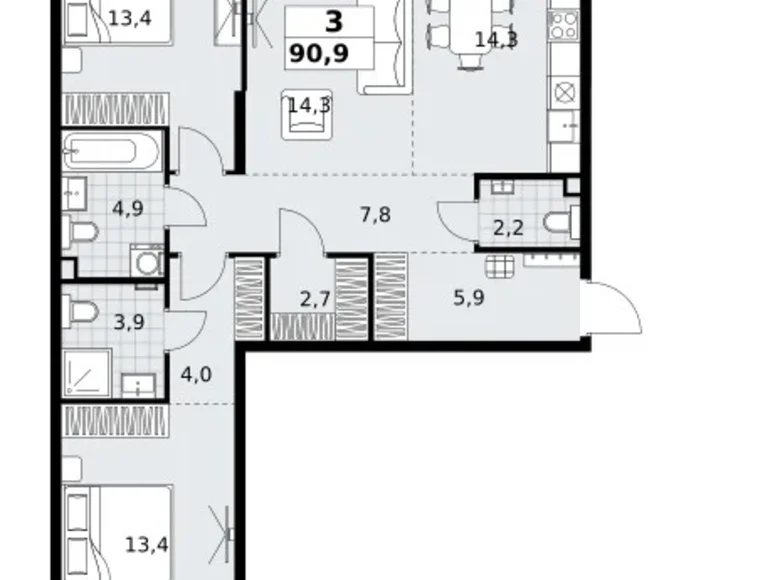 3 room apartment 91 m² Kommunarka, Russia