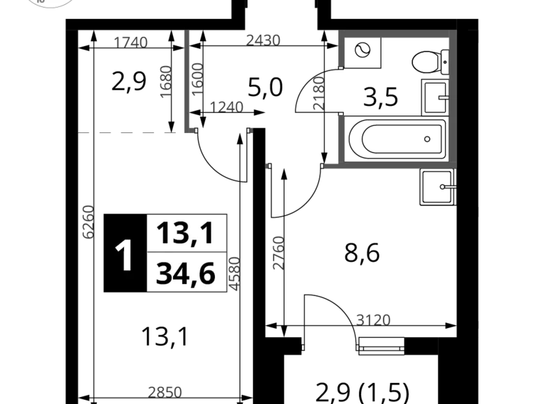 1 room apartment 35 m² Potapovo, Russia