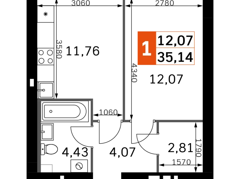 Квартира 1 комната 35 м² Одинцовский городской округ, Россия